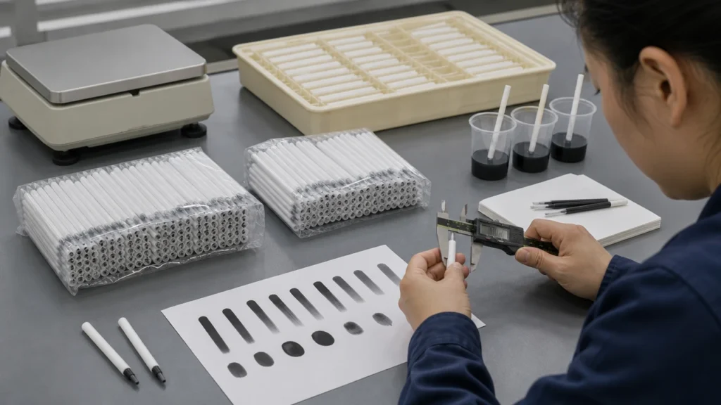 Buyer comparing roll-wrapped pen core samples from multiple suppliers
