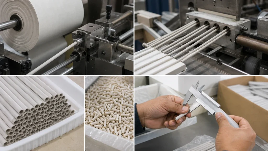 Roll-wrapped pen core production and fibre-tip inspection