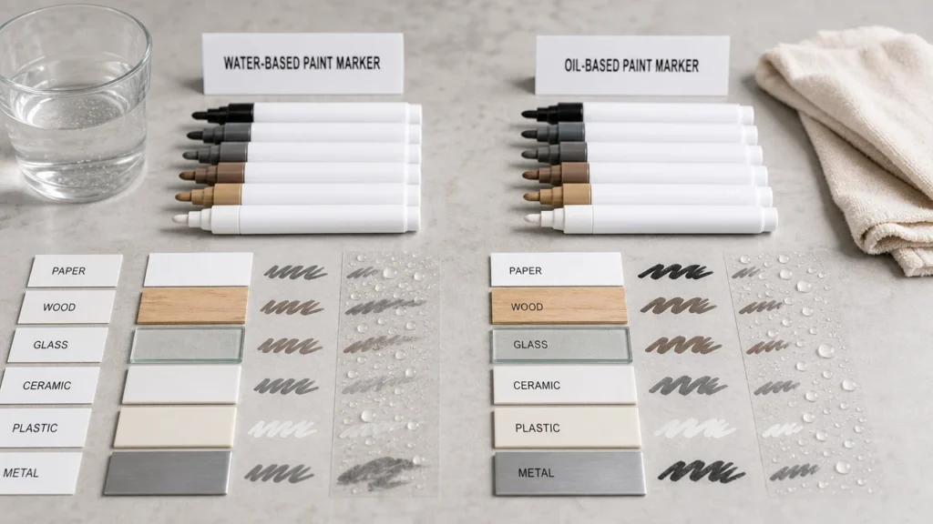Water-based vs oil-based paint marker comparison samples on a clean desk