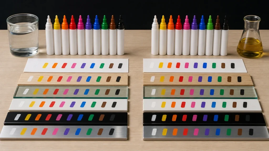 Water-based and oil-based paint markers compared on commercial surface samples