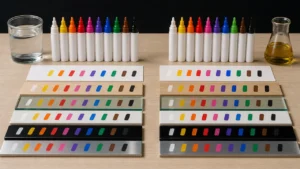 Water-based and oil-based paint markers compared on commercial surface samples