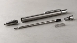 Recharge de stylo à bille en métal à côté d'un stylo à clic démonté et d'un ressort