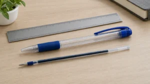 Long plastic gel refill beside a plain ruler and its matching pen barrel