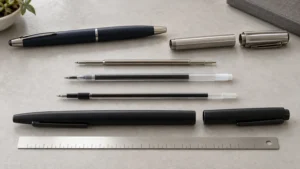 Pen refill types beside disassembled pen barrels