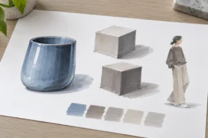 Marker-style cup, geometric shapes and figure studies on white paper