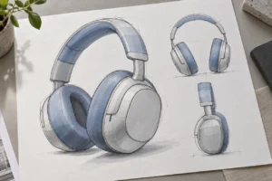 Headphone product design sketches shaded with blue and grey marker strokes