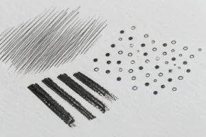 Black fine hatching, circles and broad opaque marks on white paper