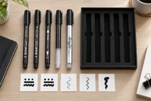 Capped black drawing tools beside a foam tray for kit configuration