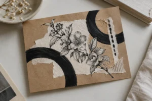 Black botanical lines and broad graphic arcs on a kraft paper collage