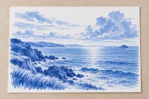 Blue brush-marker illustration study on white paper