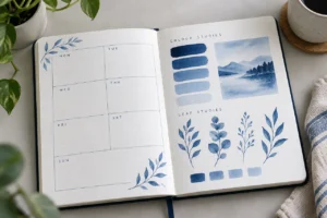 Blue journal colour studies with swatches and botanical brush accents