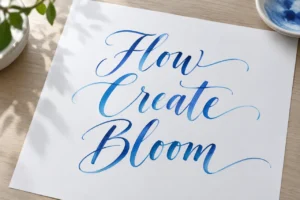 Blue brush calligraphy showing Flow, Create and Bloom on white paper