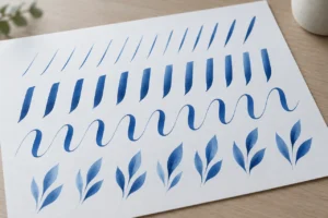 Blue brush stroke exercises showing thin lines, broad strokes and curves