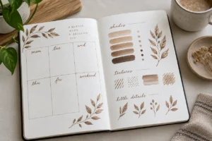 Braune Journal-Farbstudien mit Farbfeldern und botanischen Pinselakzenten