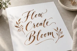Braune Pinselkalligrafie mit Flow, Create und Bloom auf weißem Papier