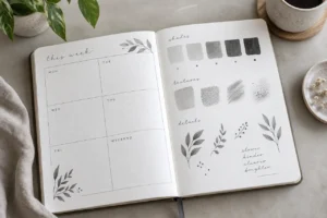 Graue Journal-Farbstudien mit Farbfeldern und botanischen Pinselakzenten