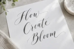 Graue Pinselkalligraphie mit Flow, Create und Bloom auf weißem Papier