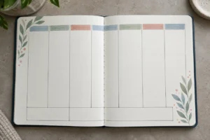 Dotted journal planner with brush-colour blocks and leaf accents