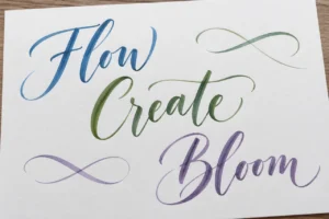Flow, Create and Bloom brush lettering with thin and thick strokes
