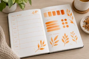 Orange journal colour studies with swatches and botanical brush accents