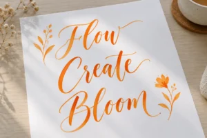 Orange brush calligraphy showing Flow, Create and Bloom on white paper