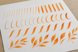 Orange brush stroke exercises showing thin lines, broad strokes and curves