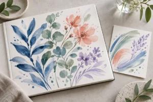 Translucent botanical brush illustrations on a sketchbook and card