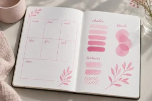 Rosa Journal-Farbstudien mit Farbmustern und botanischen Pinselakzenten
