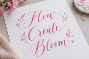 Rosa Pinselkalligrafie mit Flow, Create und Bloom auf weißem Papier