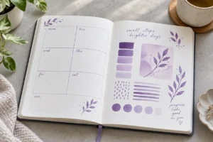 Purple journal colour studies with swatches and botanical brush accents