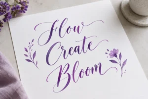 Purple brush calligraphy showing Flow, Create and Bloom on white paper