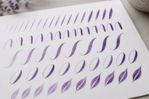 Purple brush stroke exercises showing thin lines, broad strokes and curves