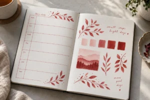 Red journal colour studies with swatches and botanical brush accents