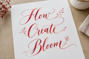 Red brush calligraphy showing Flow, Create and Bloom on white paper