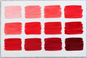 Red brush-ink colour swatches on white paper