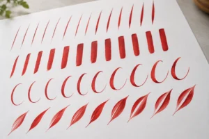 Red brush stroke exercises showing thin lines, broad strokes and curves