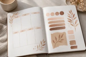Skin-tone journal colour studies with swatches and botanical brush accents