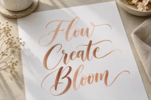 Skin-tone brush calligraphy showing Flow, Create and Bloom on white paper