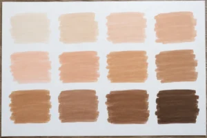 Skin-tone brush-ink colour swatches on white paper