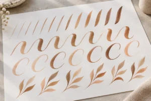 Skin-tone brush stroke exercises showing thin lines, broad strokes and curves