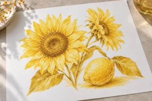 Yellow brush-marker illustration study on white paper