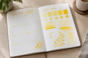 Yellow journal colour studies with swatches and botanical brush accents