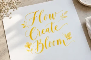 Yellow brush calligraphy showing Flow, Create and Bloom on white paper