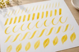 Yellow brush stroke exercises showing thin lines, broad strokes and curves