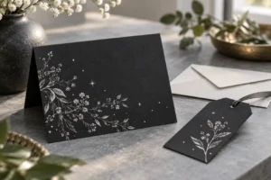 Black greeting card and gift tag with pale botanical line drawings