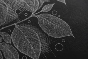 Fine white hatching, circles and leaf veins on black paper