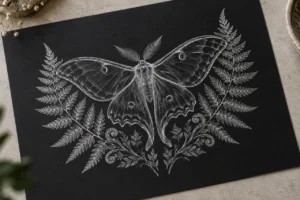 Detailed white moth and fern illustration on black drawing paper