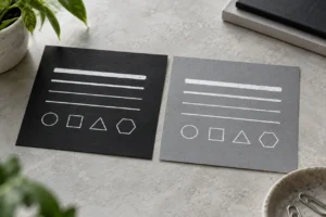 White line and shape samples on black and grey paper cards