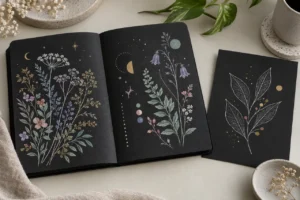 Light botanical line drawings on a black sketchbook and greeting card