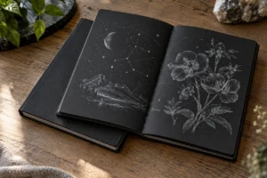 Black-paper sketchbook with white constellation and botanical drawings